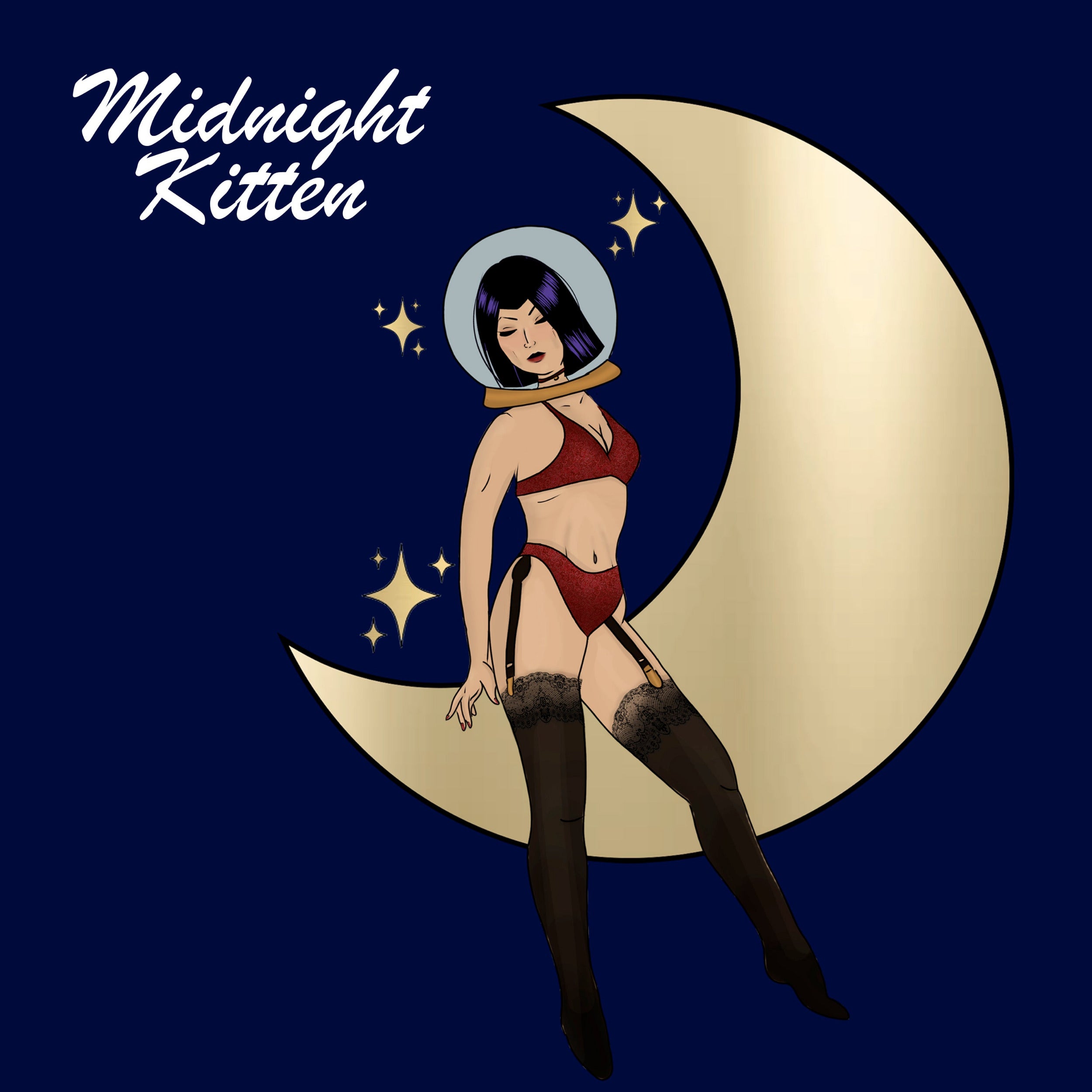 Illustration of a woman in space-themed attire with a crescent moon and stars on a dark blue background, featuring the brand 'Midnight Kitten'.